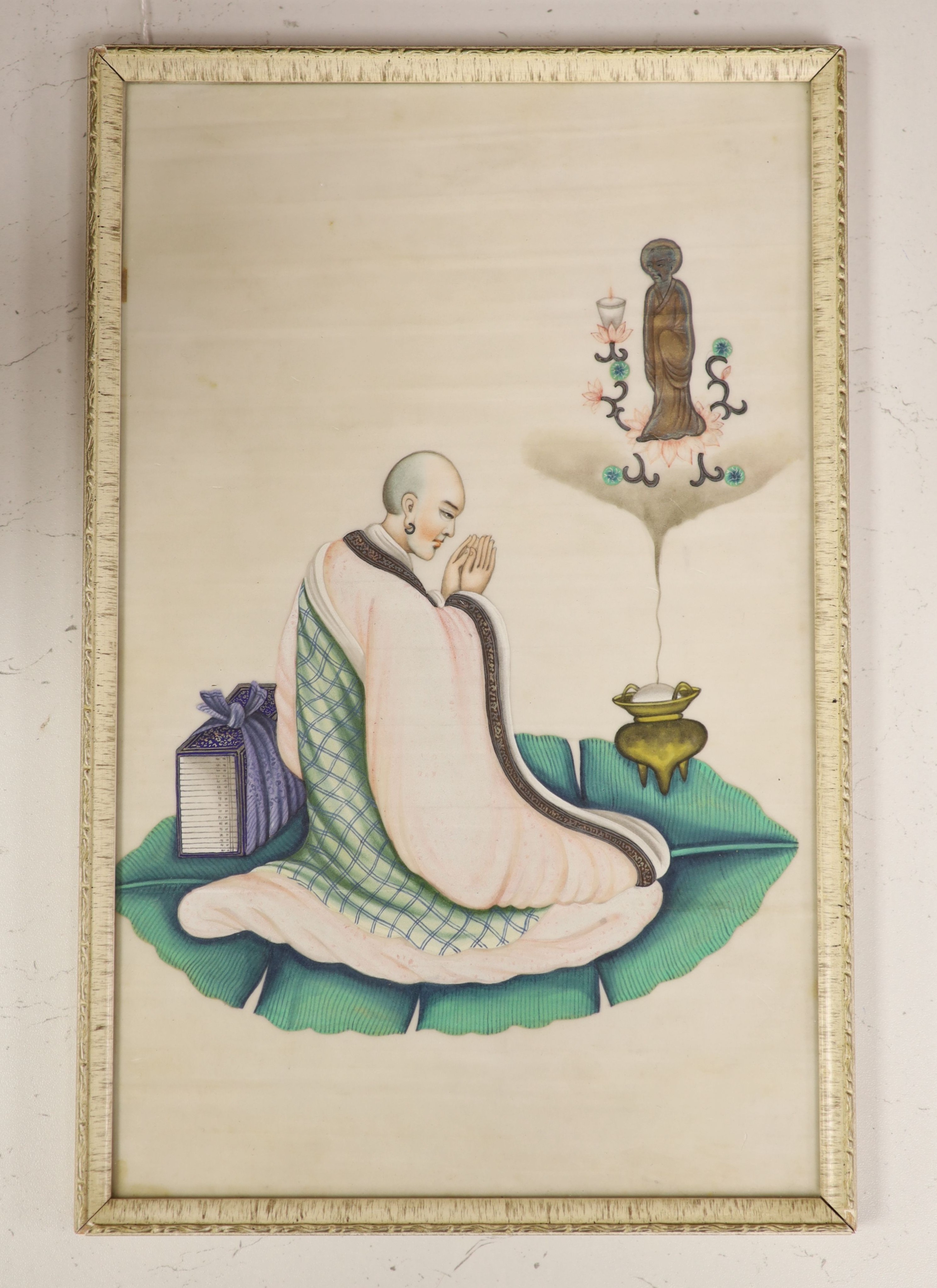 A 19th century Chinese pith painting of a Buddhist monk performing a blessing, 32 x 20cm